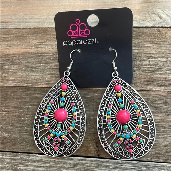 ❄️ Paparazzi | Silver and Pink Teardrop Earrings Boho Shabby Chic - Picture 5 of 10